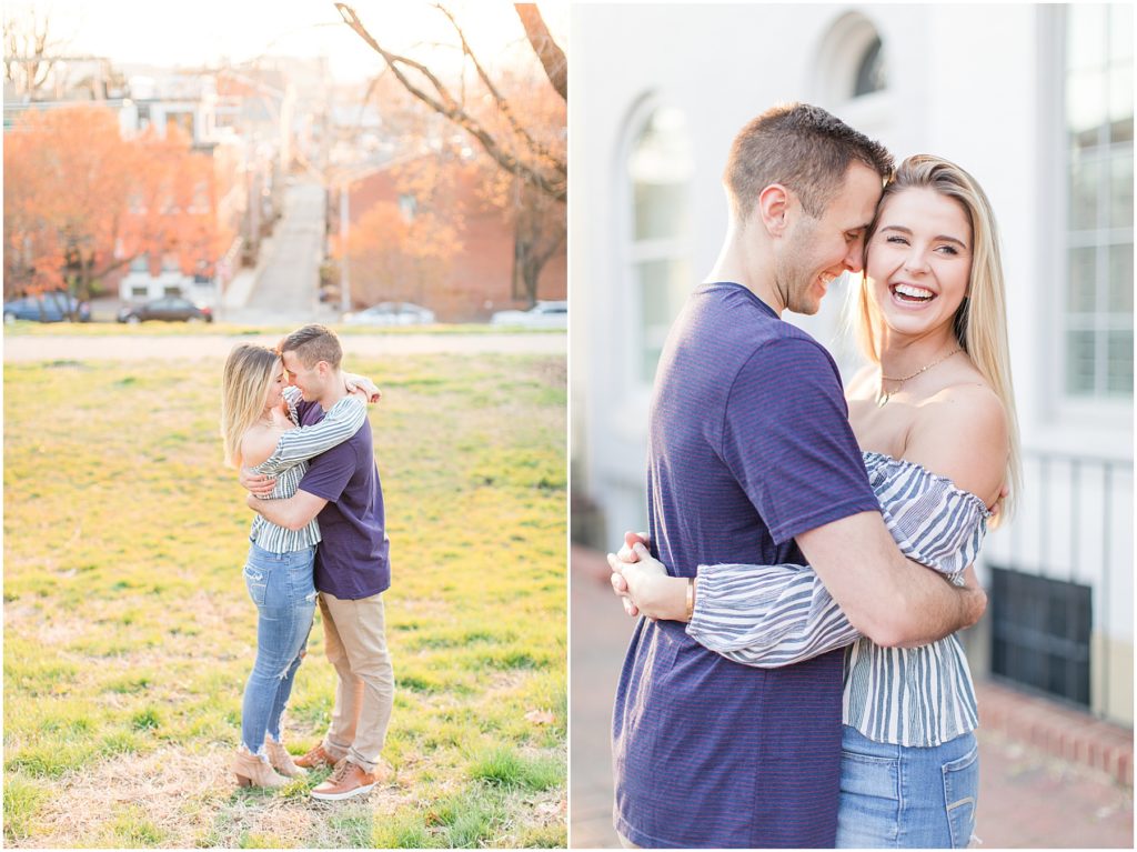 Federal Hill Engagement Session with off the shoulder shirt and jeans