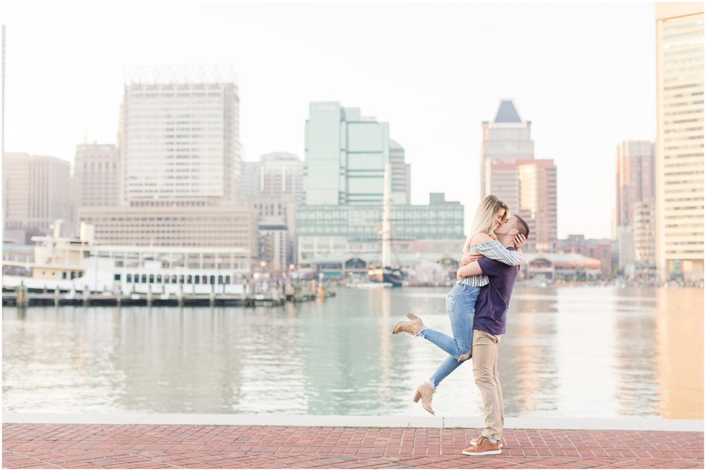 Federal Hill Baltimore Engagement Session with off the shoulder shirt and jeans