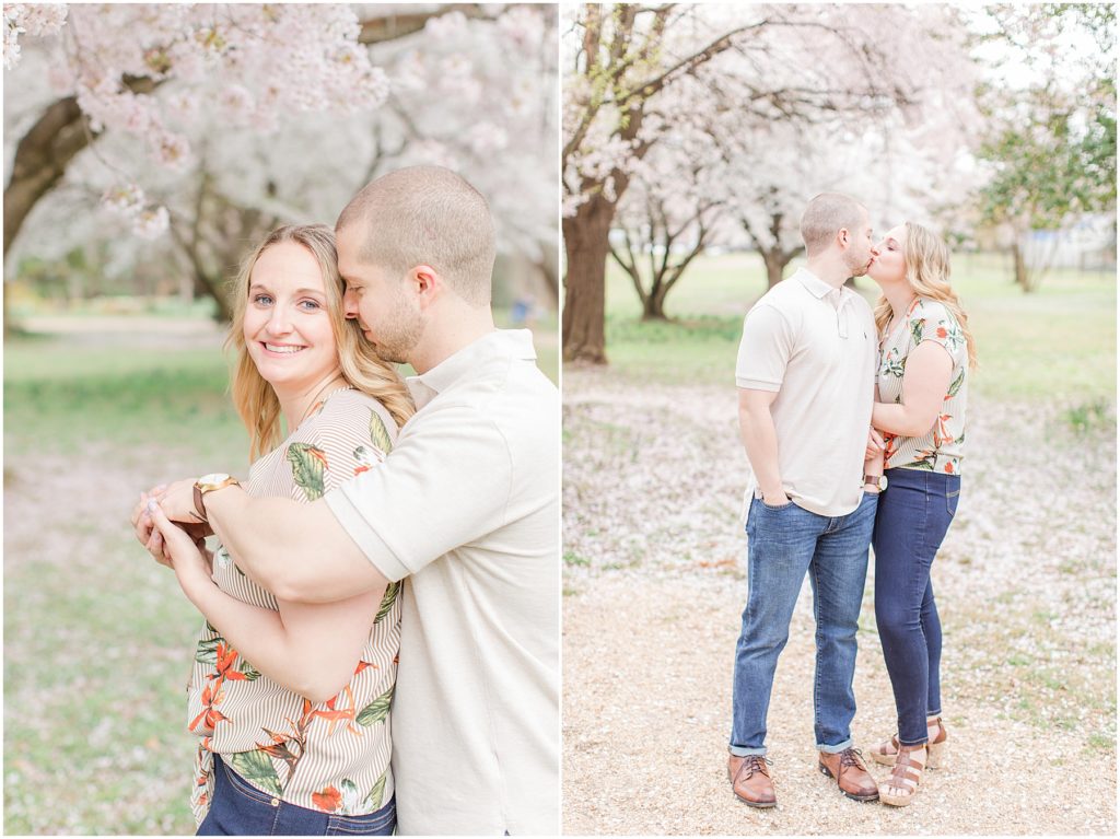 Washington DC Cherry Blossom Engagement Session with floral top and jeans